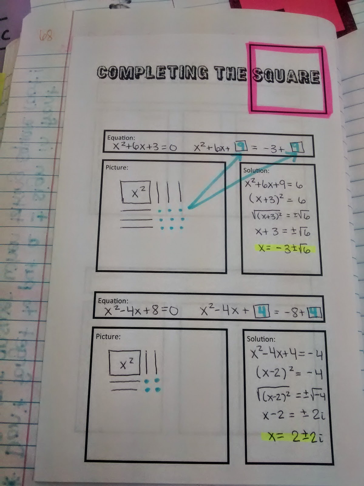 completing the square foldable algebra 2 interactive notebook