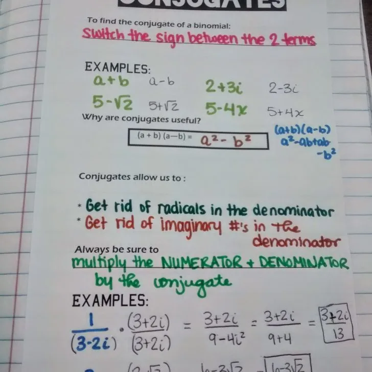 conjugates algebra 2 interactive notebook page.
