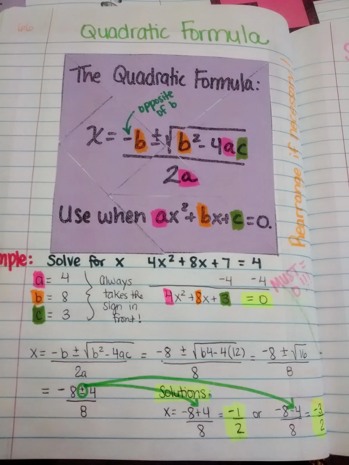 quadratic formula tangram puzzle interactive notebook page algebra inb