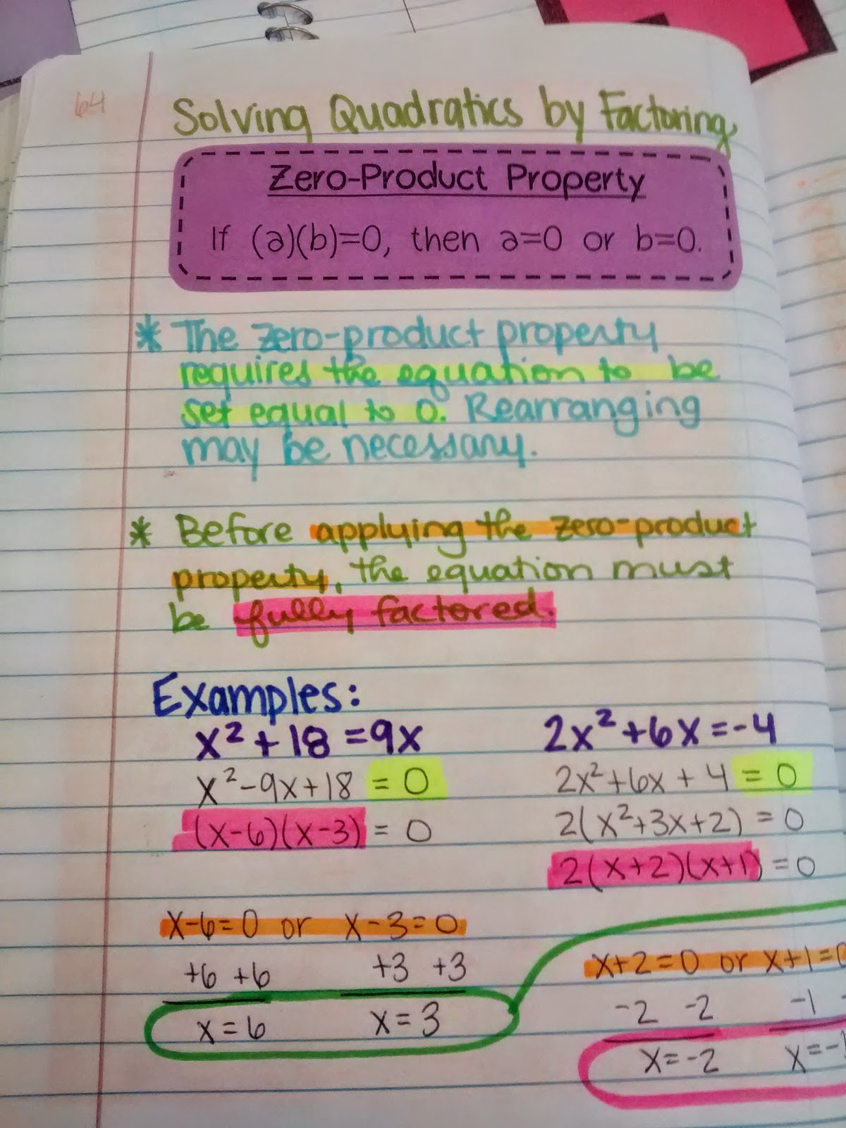 solving quadratics by factoring interactive notebook page algebra zero product property
