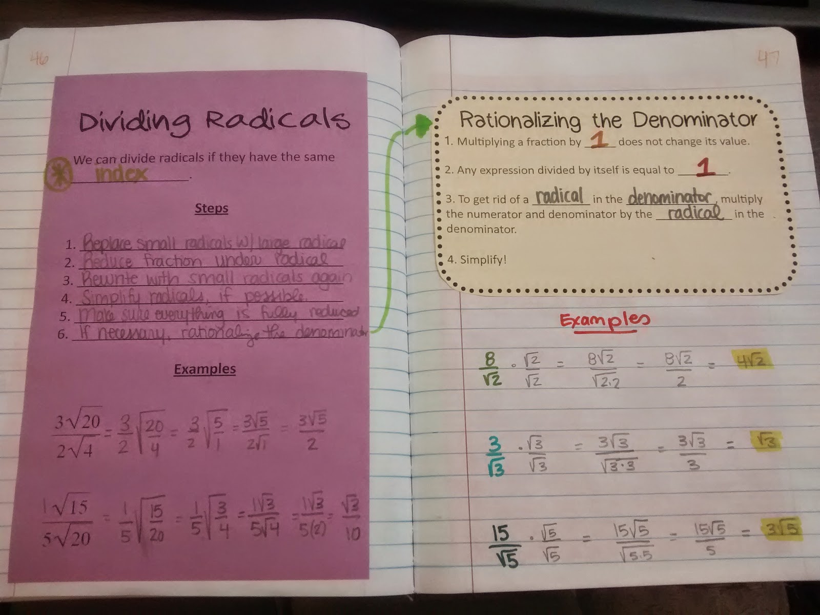rationalizing the denominator notes in algebra interactive notebook. 