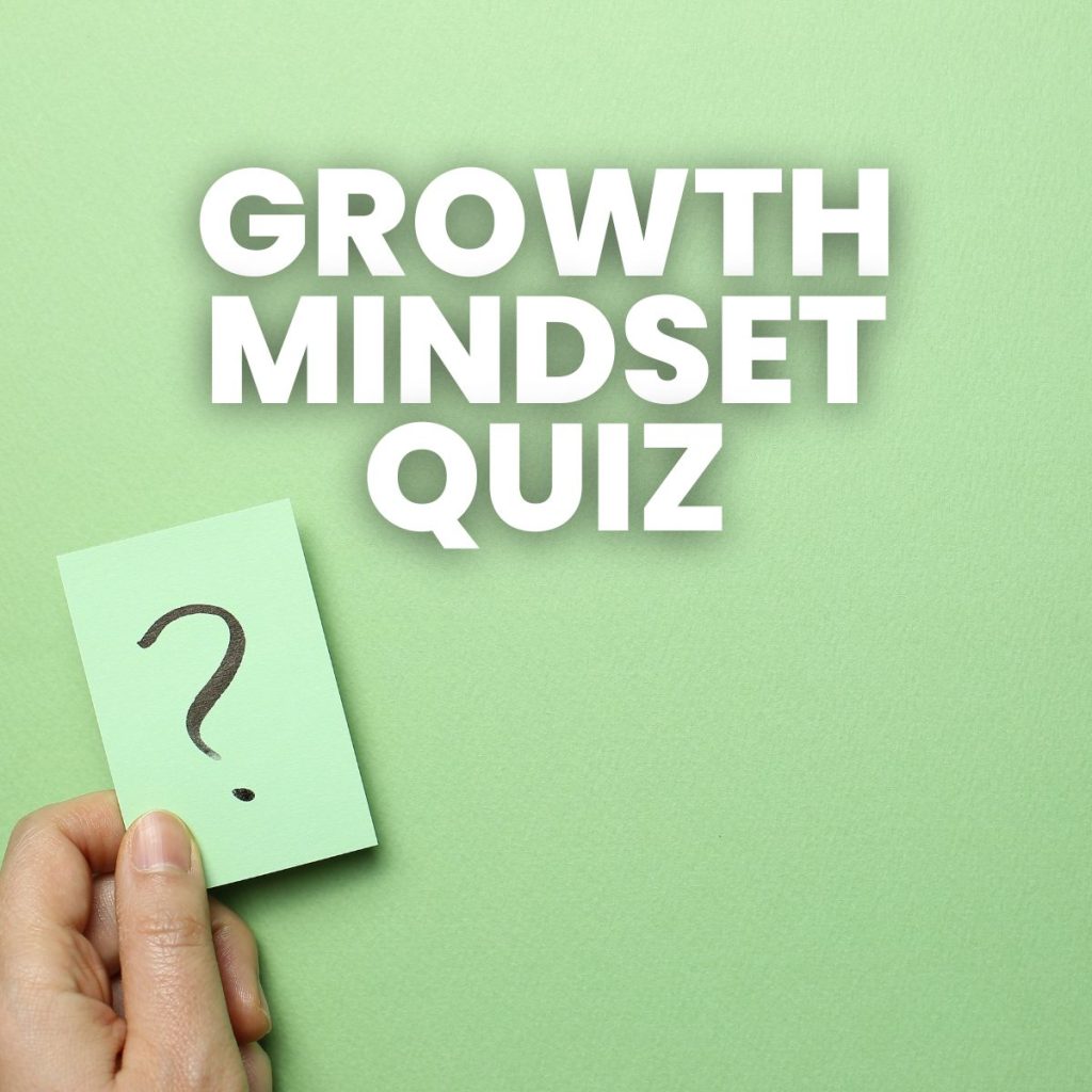 hand holding small piece of paper with question mark on it. text reads "growth mindset quiz"