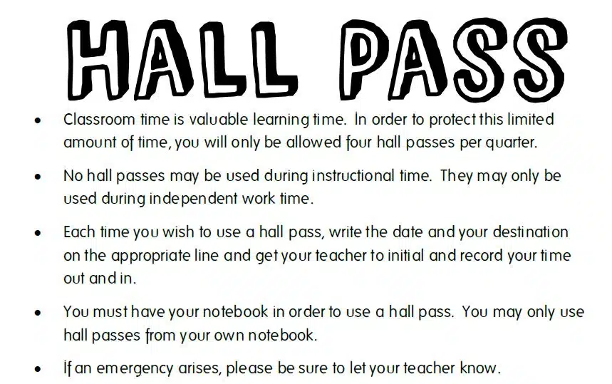 interactive notebook hall pass