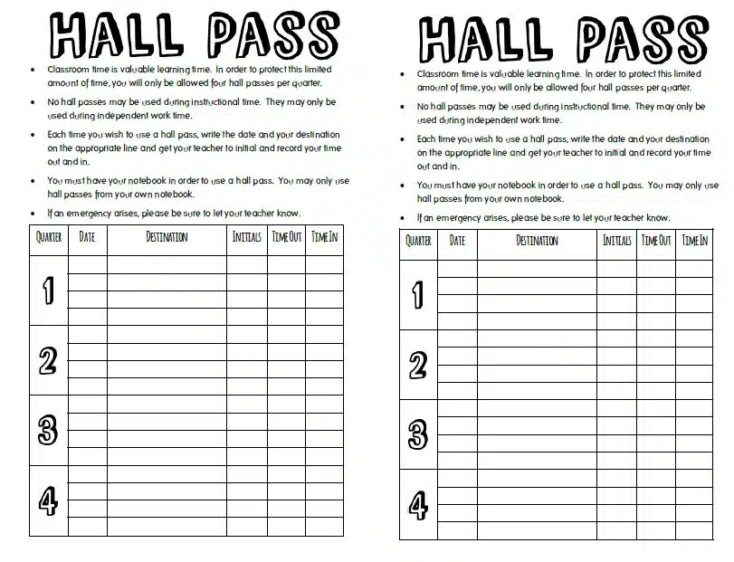 interactive notebook hall pass