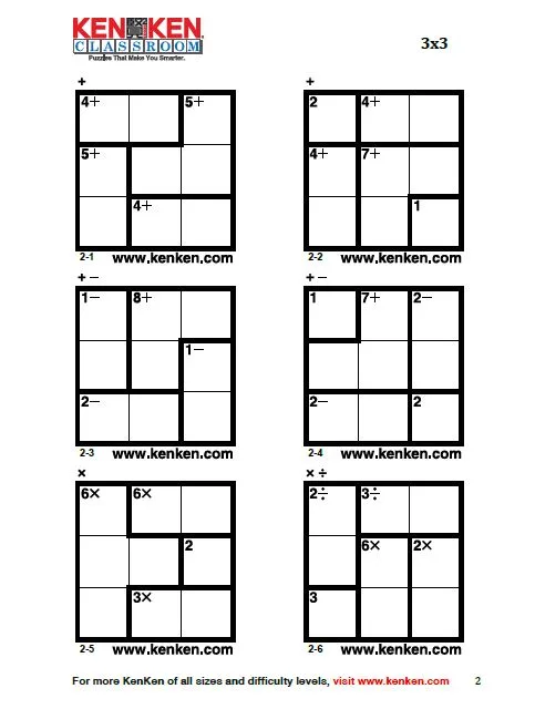 example of 3 x 3 kenken puzzles from kenken classroom. 