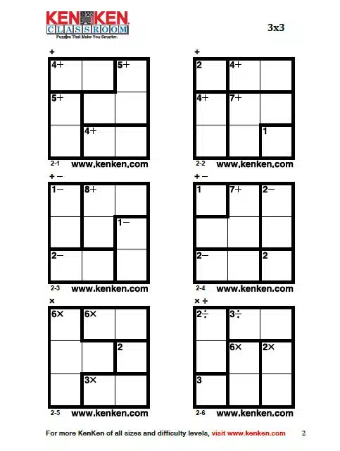 example of 3 x 3 kenken puzzles from kenken classroom. 