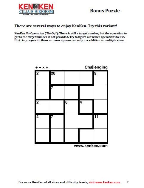 example of kenken bonus puzzle from kenken classroom. 