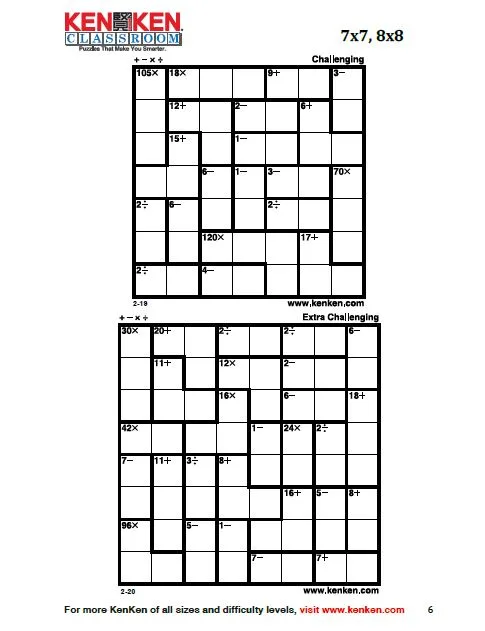 example of 7x7 and 8x8 kenken puzzles from kenken classroom. 