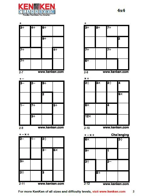 example of 4x4 kenken puzzles from kenken classroom. 