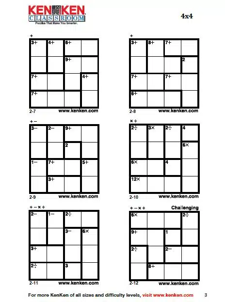 example of 4x4 kenken puzzles from kenken classroom. 