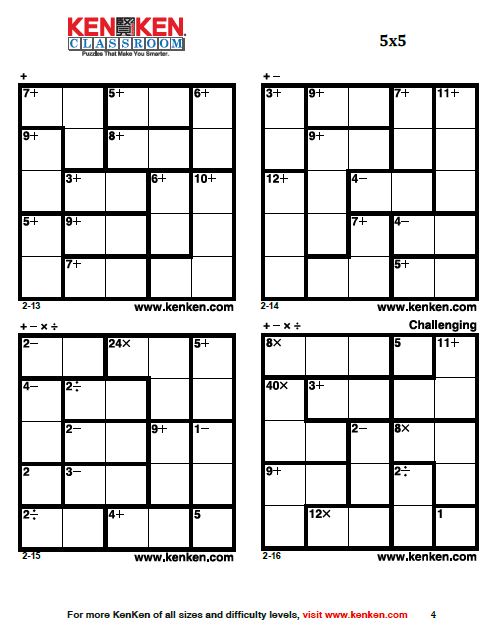 example of 5x5 kenken puzzles from kenken classroom. 