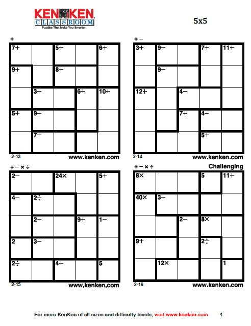 example of 5x5 kenken puzzles from kenken classroom. 