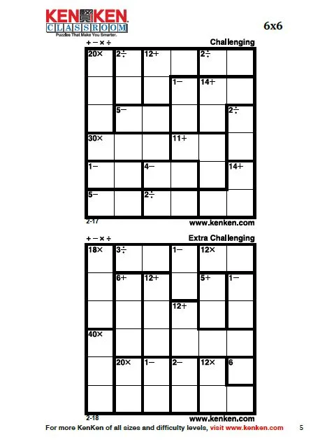 example of 6 x 6 kenken puzzles from kenken classroom. 