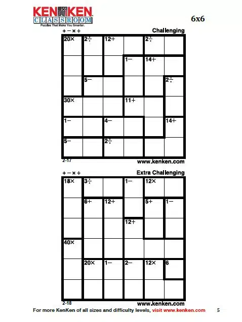 example of 6 x 6 kenken puzzles from kenken classroom. 