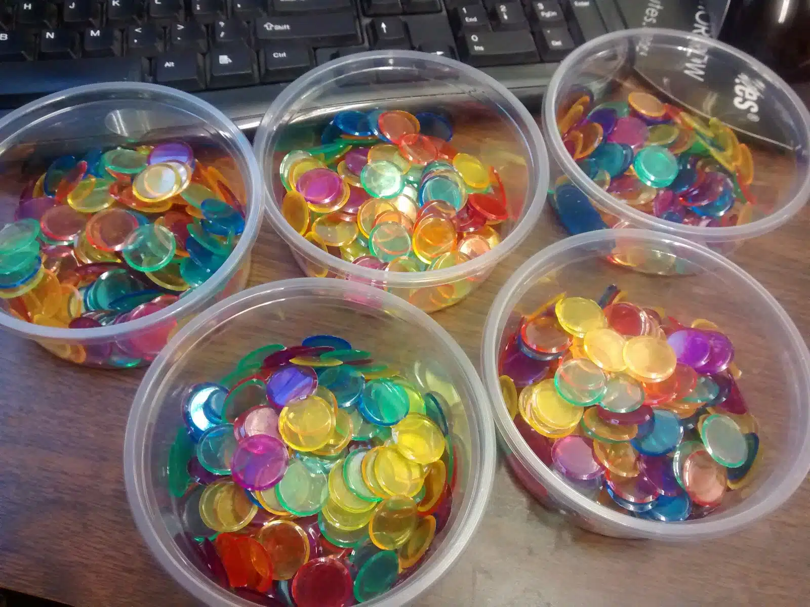 bingo chips in round bowls from dollar tree. 