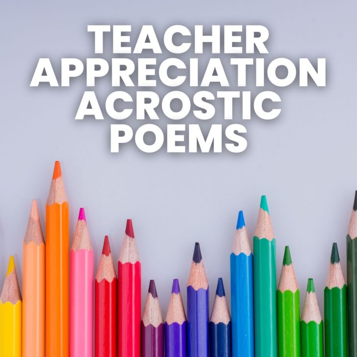row of colored pencils with text "teacher appreciation acrostic poems"