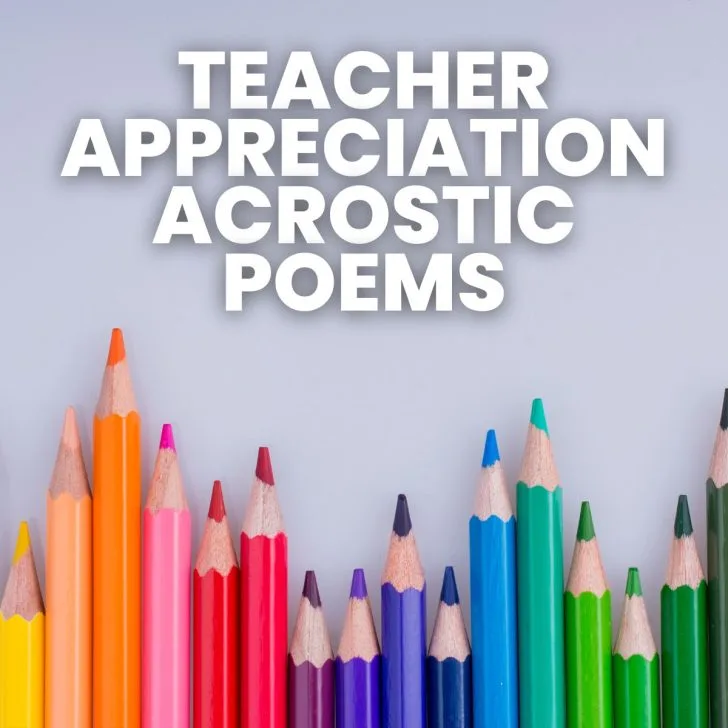 row of colored pencils with text "teacher appreciation acrostic poems"