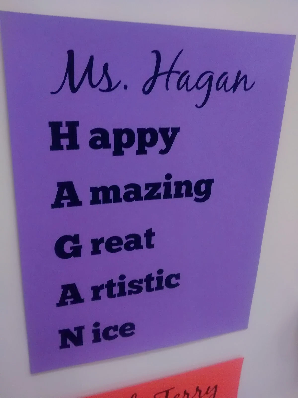 Close-Up of Teacher Appreciation Acrostic Poem. 