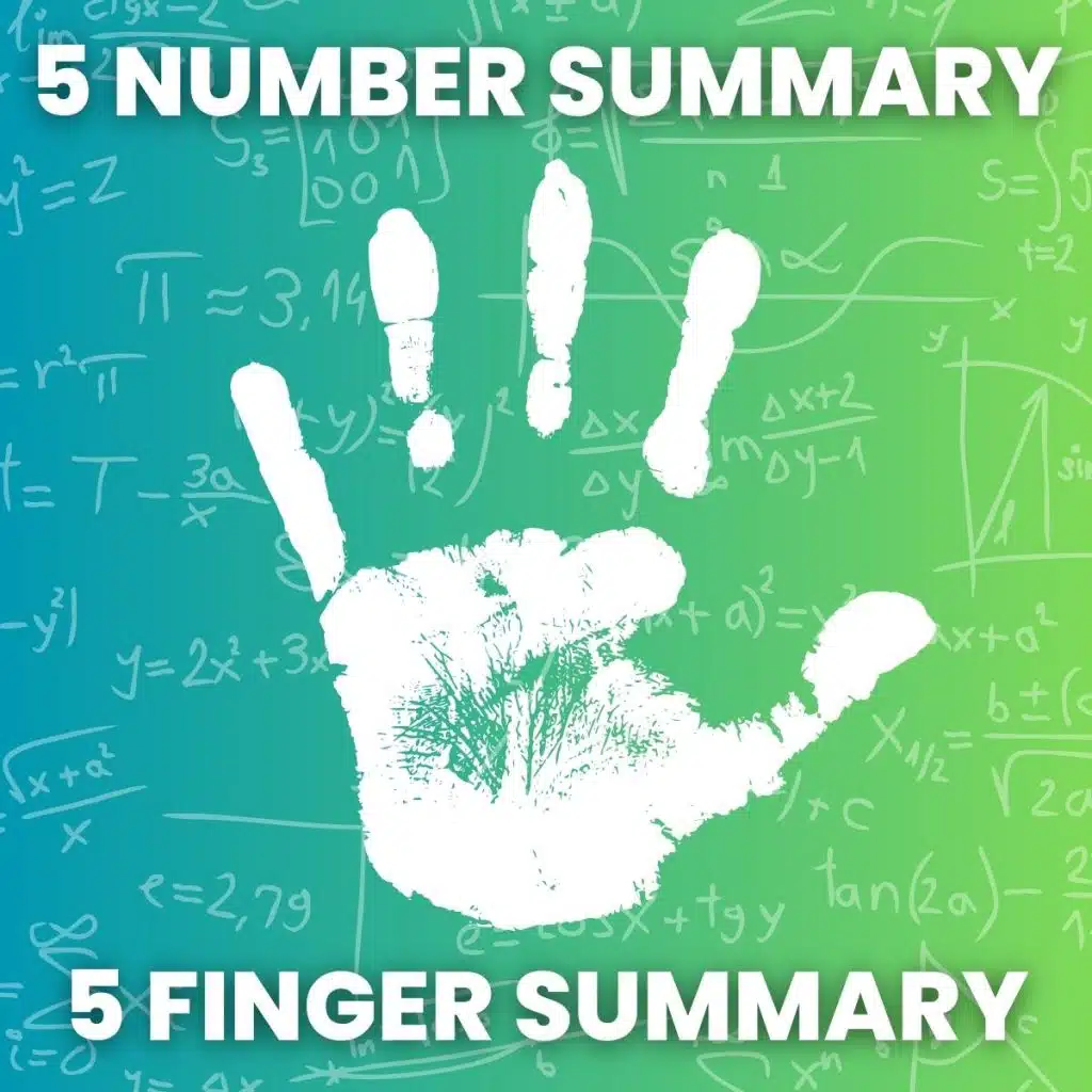 handprint with text around image: "5 number summary; 5 finger summary"