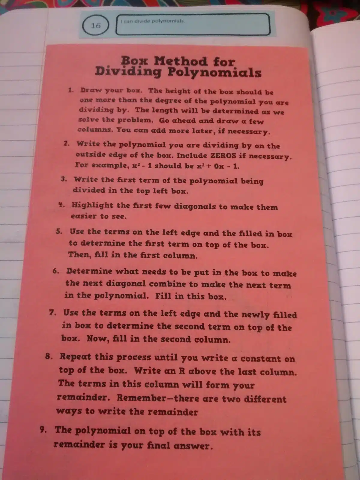 Dividing Polynomials Using the Box Method Foldable