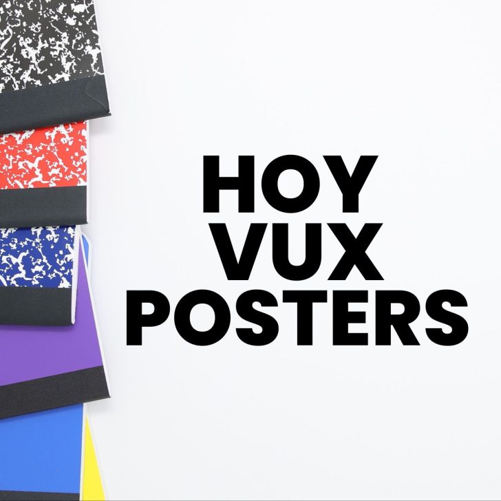 hoy vux posters next to pile of composition notebooks