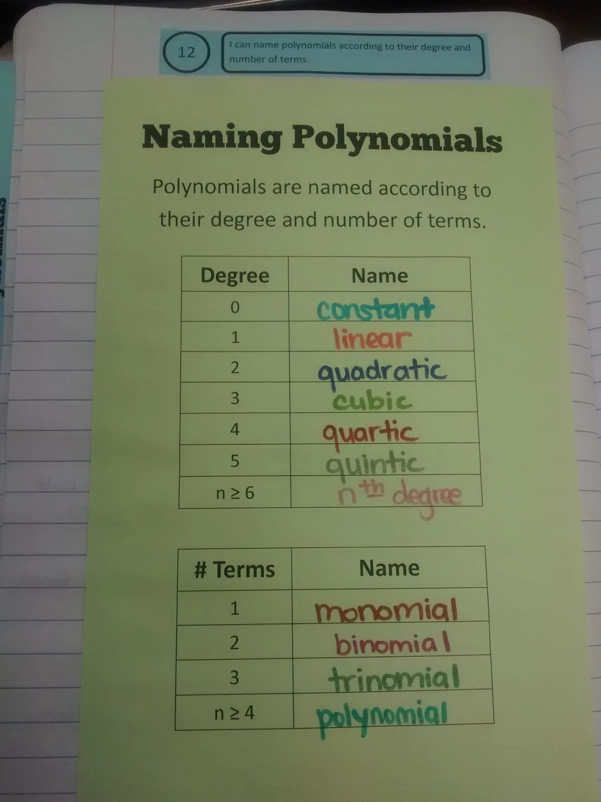 naming polynomials graphic organizer in interactive notebook. 
