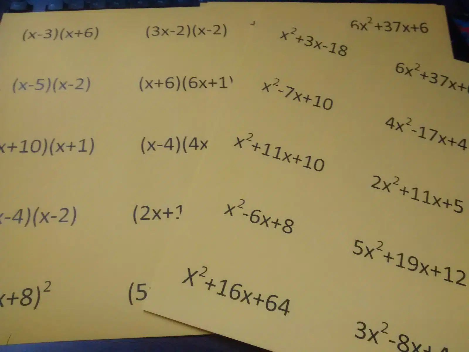 Factoring Quadratics Activity Question Stack for Factoring Trinomials