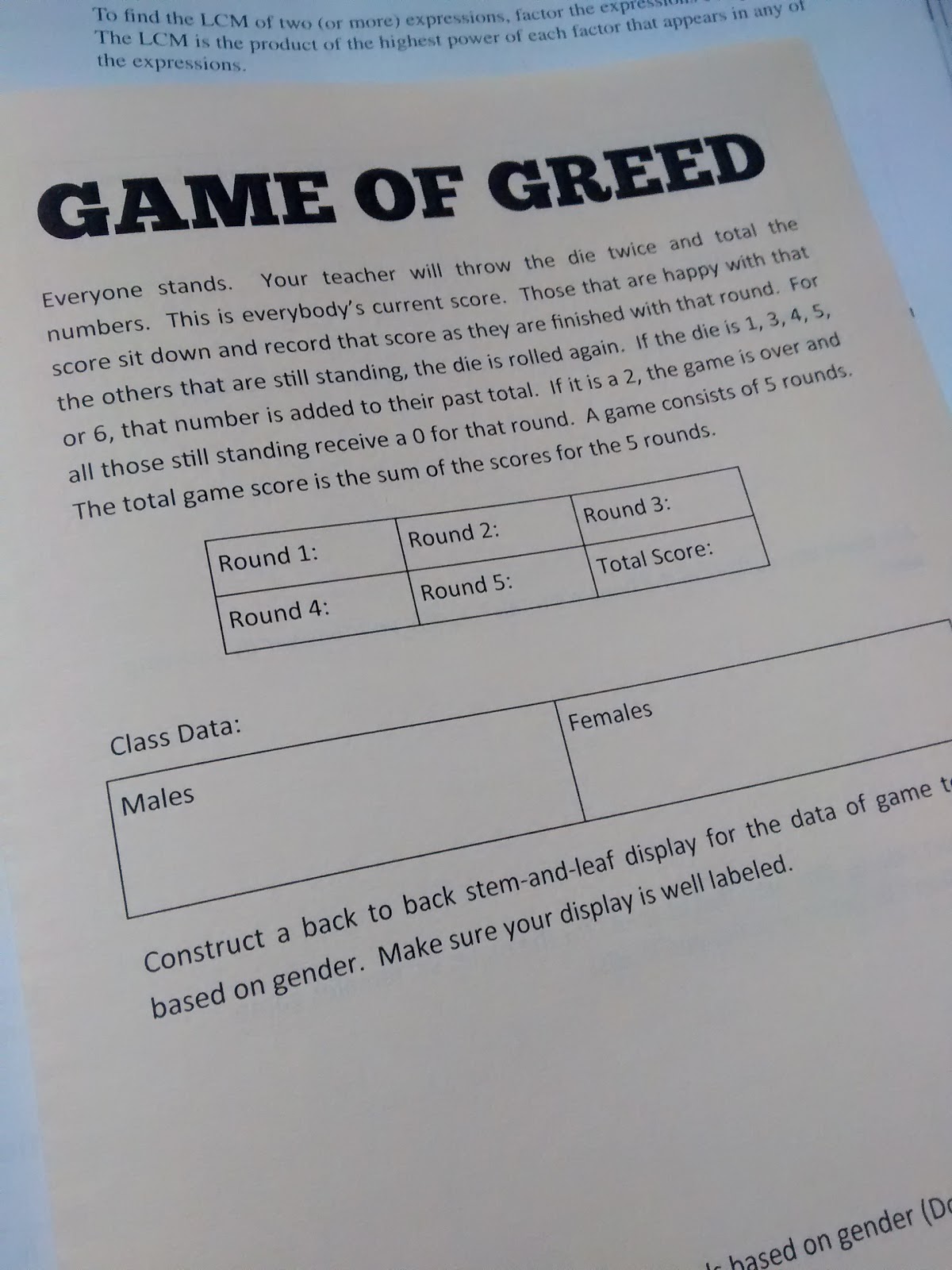Game of Greed Foldable for Statistics Interactive Notebooks