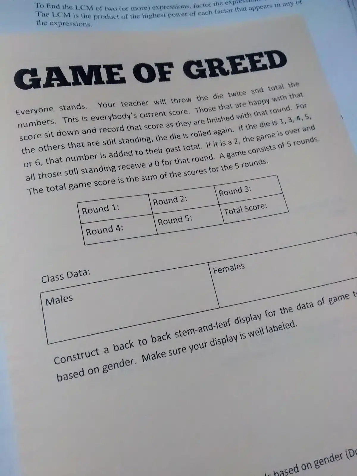 Game of Greed Foldable for Statistics Interactive Notebooks