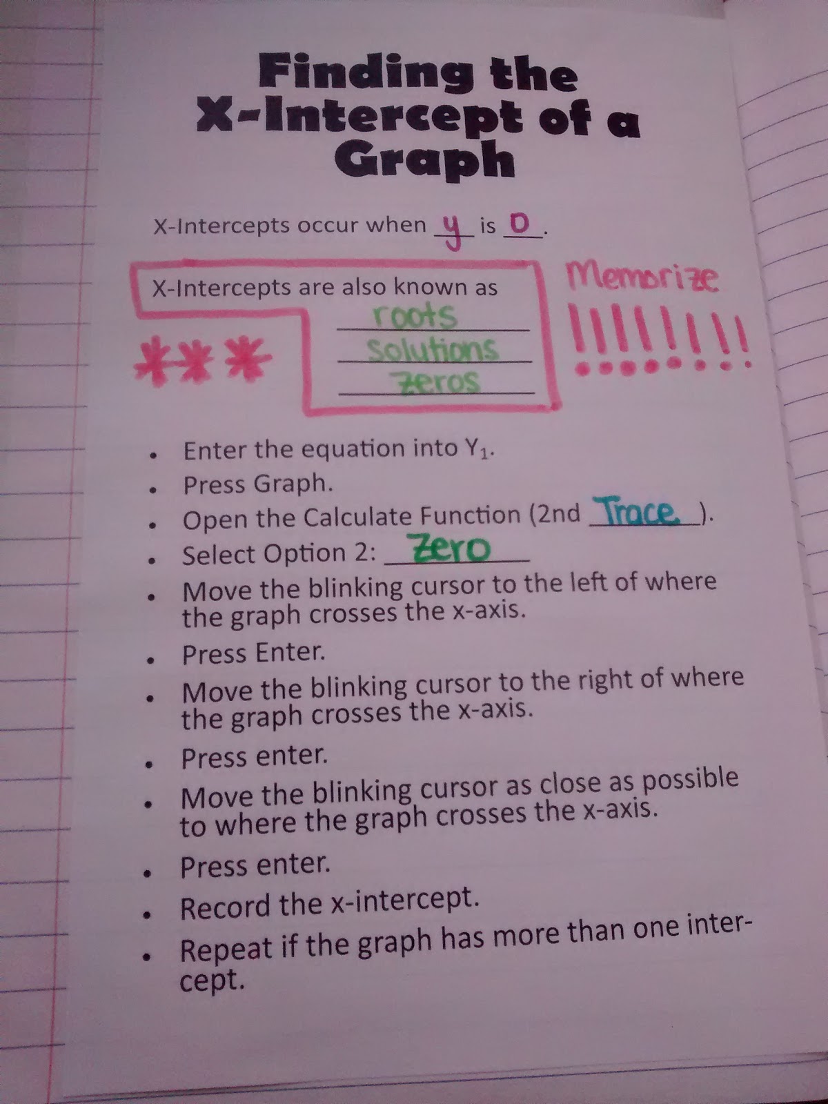finding the x-intercept of a graph with ti-84 interactive notebook page. 