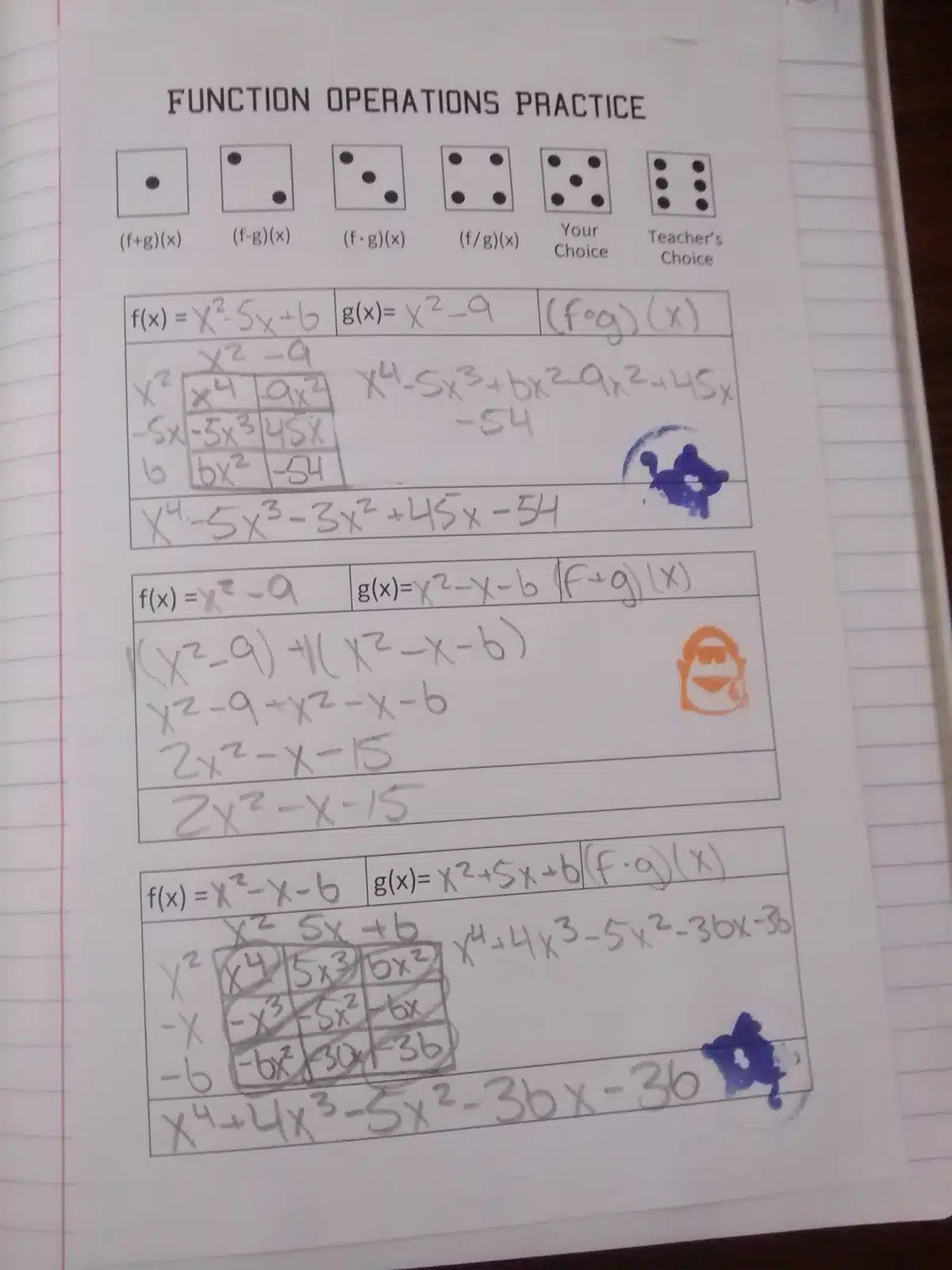 Operations with Functions Dice Practice Activity