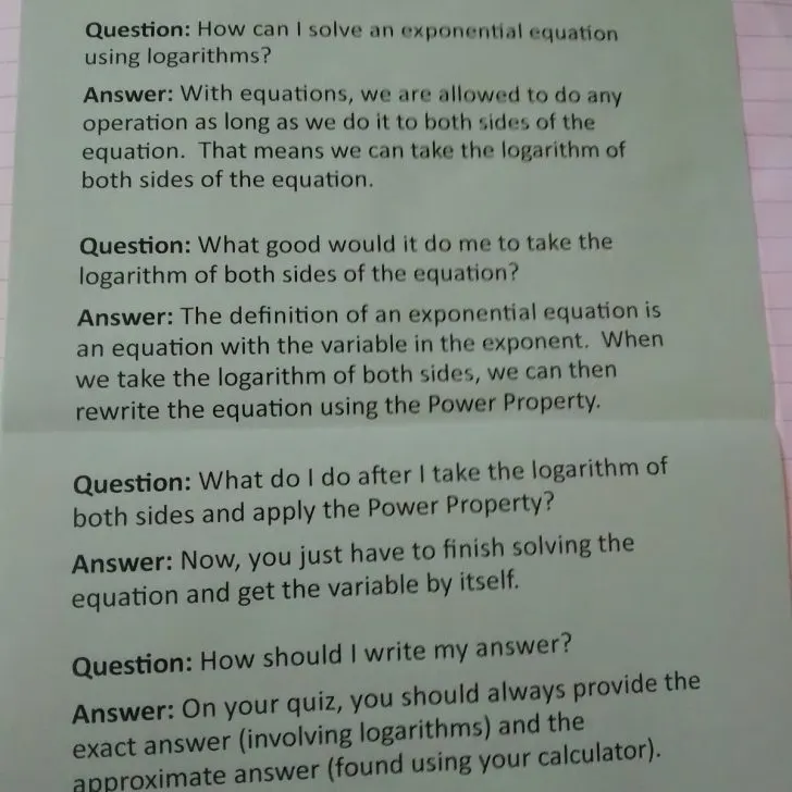 solving exponential equations with logarithms question and answer page for interactive notebook.