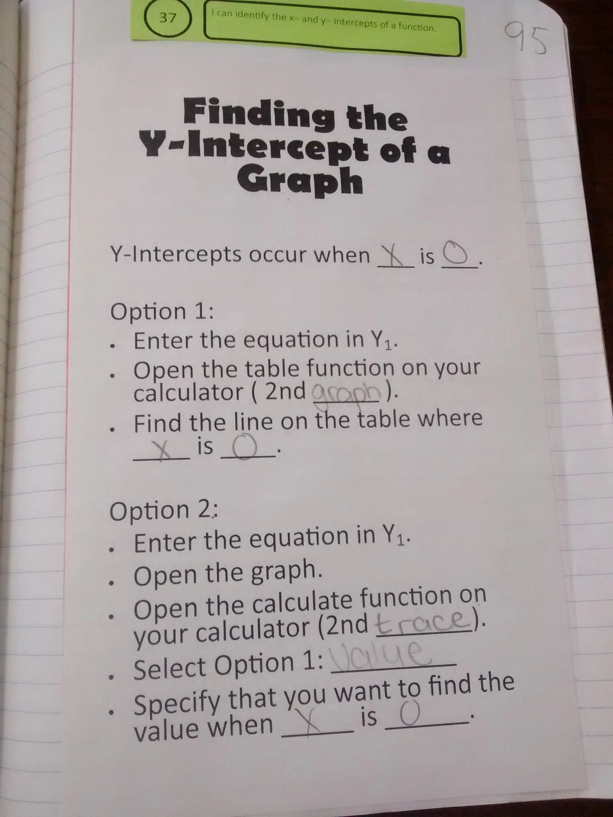 notes over Finding the Y-intercept of a Graph with ti-84 