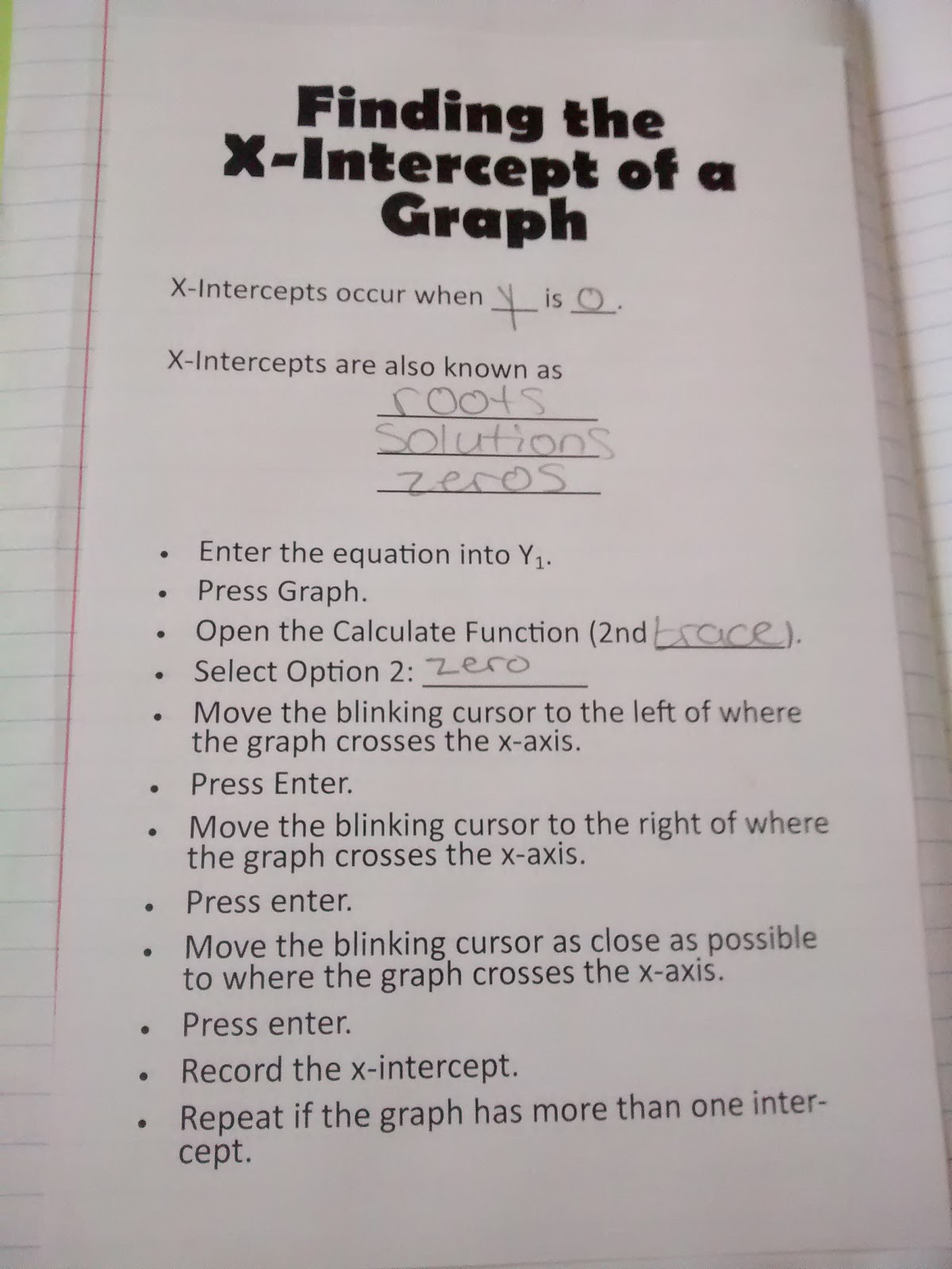 finding the x-intercept of a graph with ti-84 interactive notebook page. 