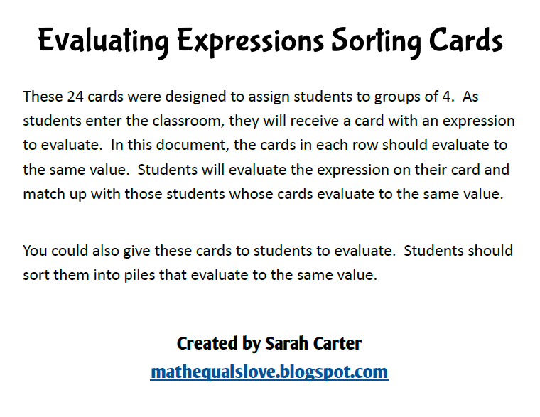 Instructions for Evaluating Expressions Sorting Cards Activity