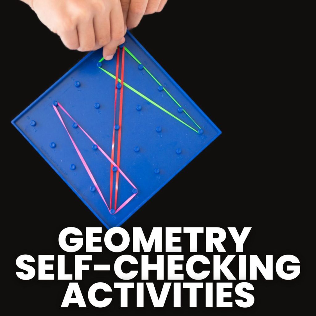 student hand working on geoboard with rubberbands. text on image reads "geometry self-checking activities" 