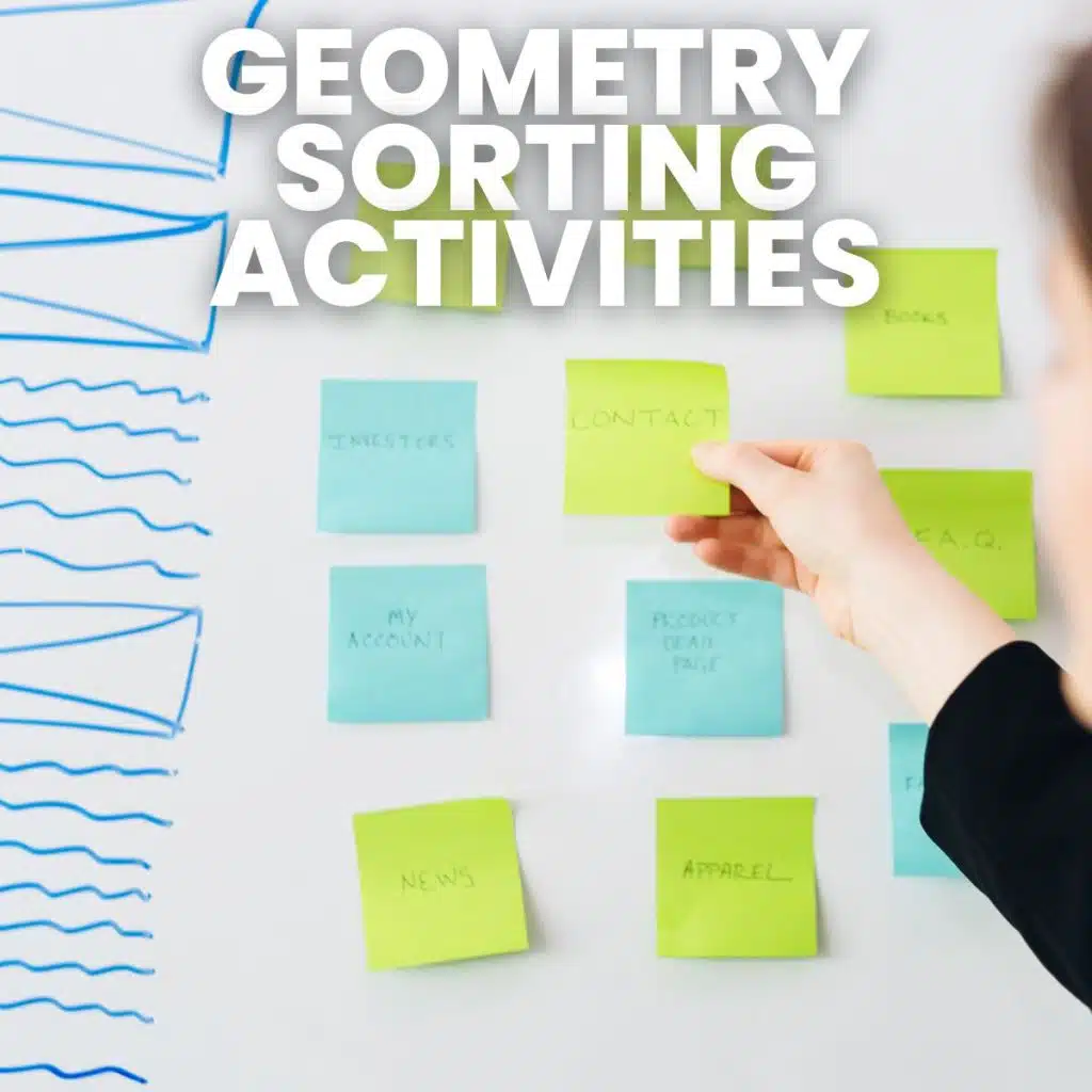 two colors of post-it notes on dry erase board with text of "geometry sorting activities"