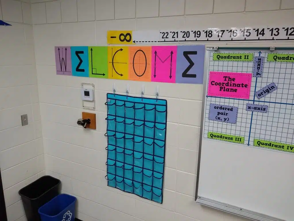 math welcome poster banner hanging in high school math classroom. 