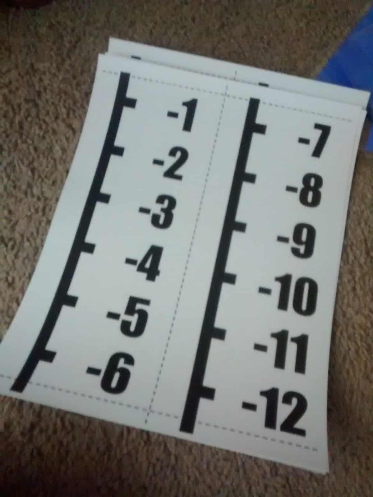 printed page of vertical number line poster before cutting and assembling 