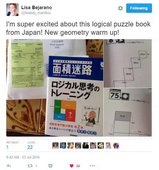 Tweet from Lisa Bejarano about Area Maze Puzzle Book. 