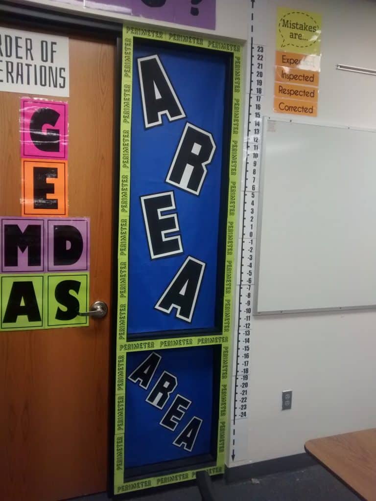 area vs perimeter wall display in high school math classroom.
