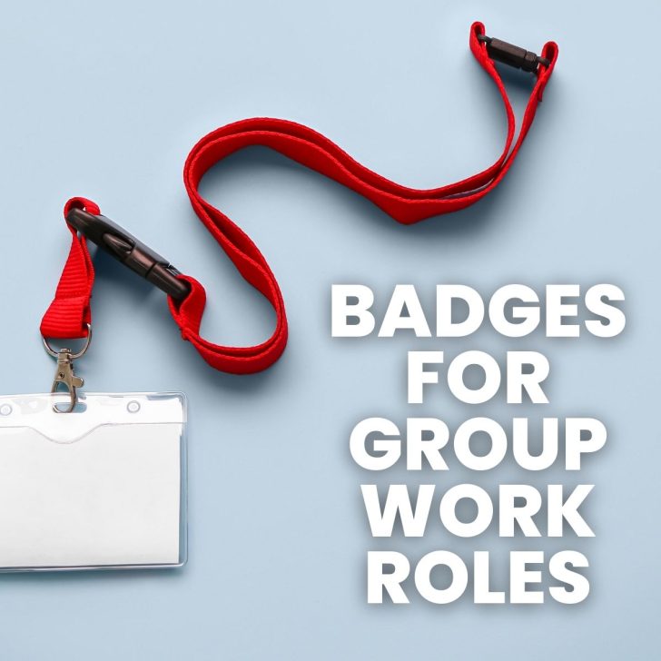 blank name badge on lanyard with text beside photograph "badges for group work roles"