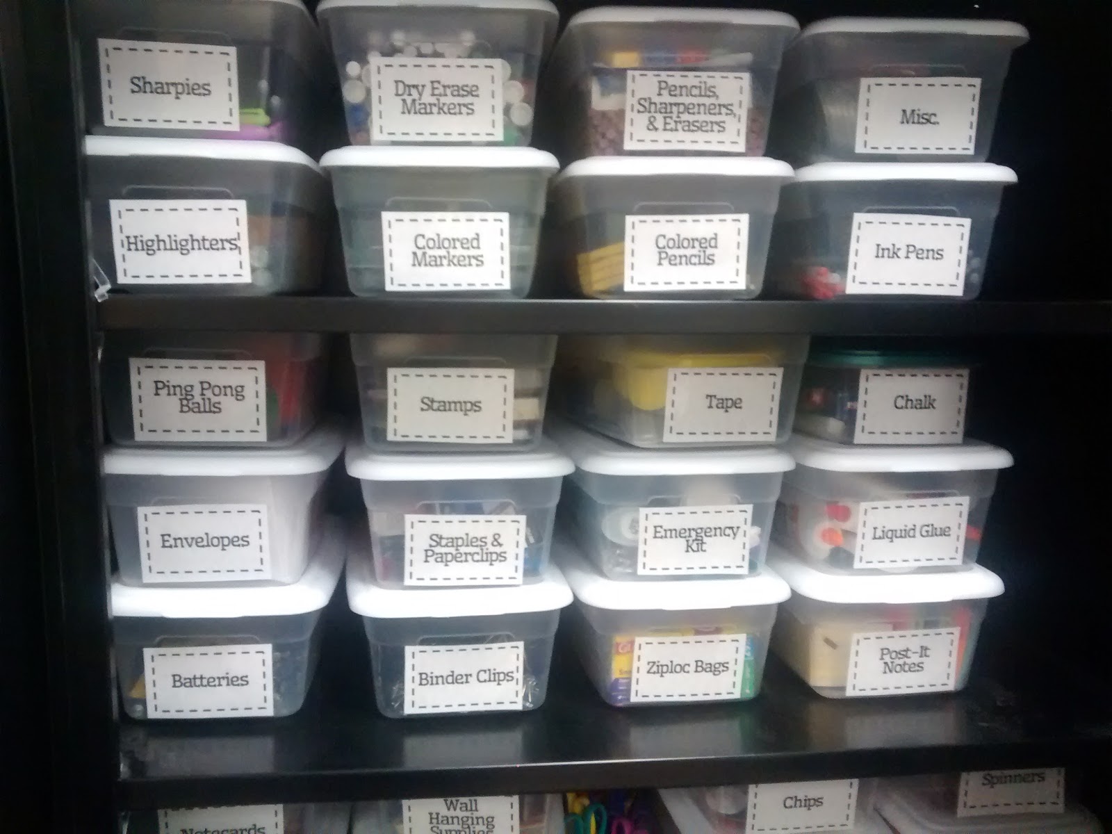 Sterilite Containers in Storage Cabinet. 