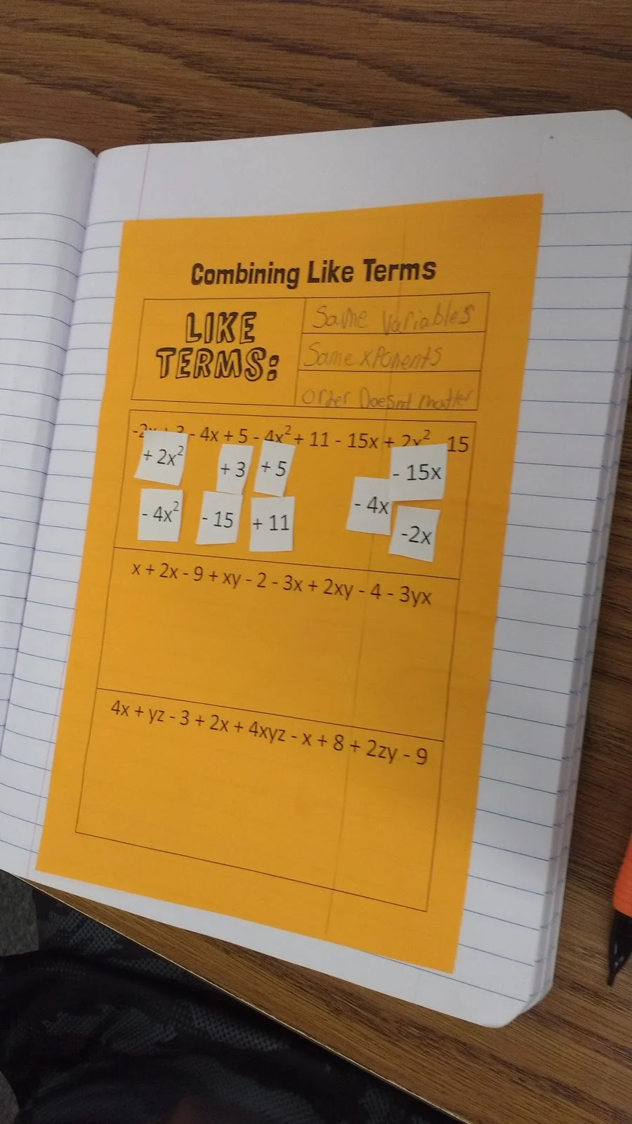 Student work for Combining Like Terms Cut and Paste Activity