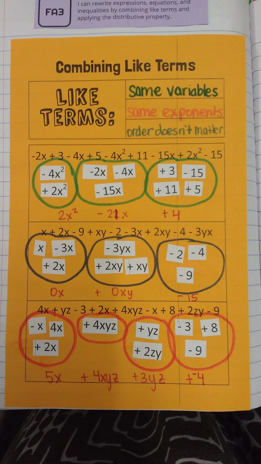 Combining Like Terms Cut and Paste Activity
