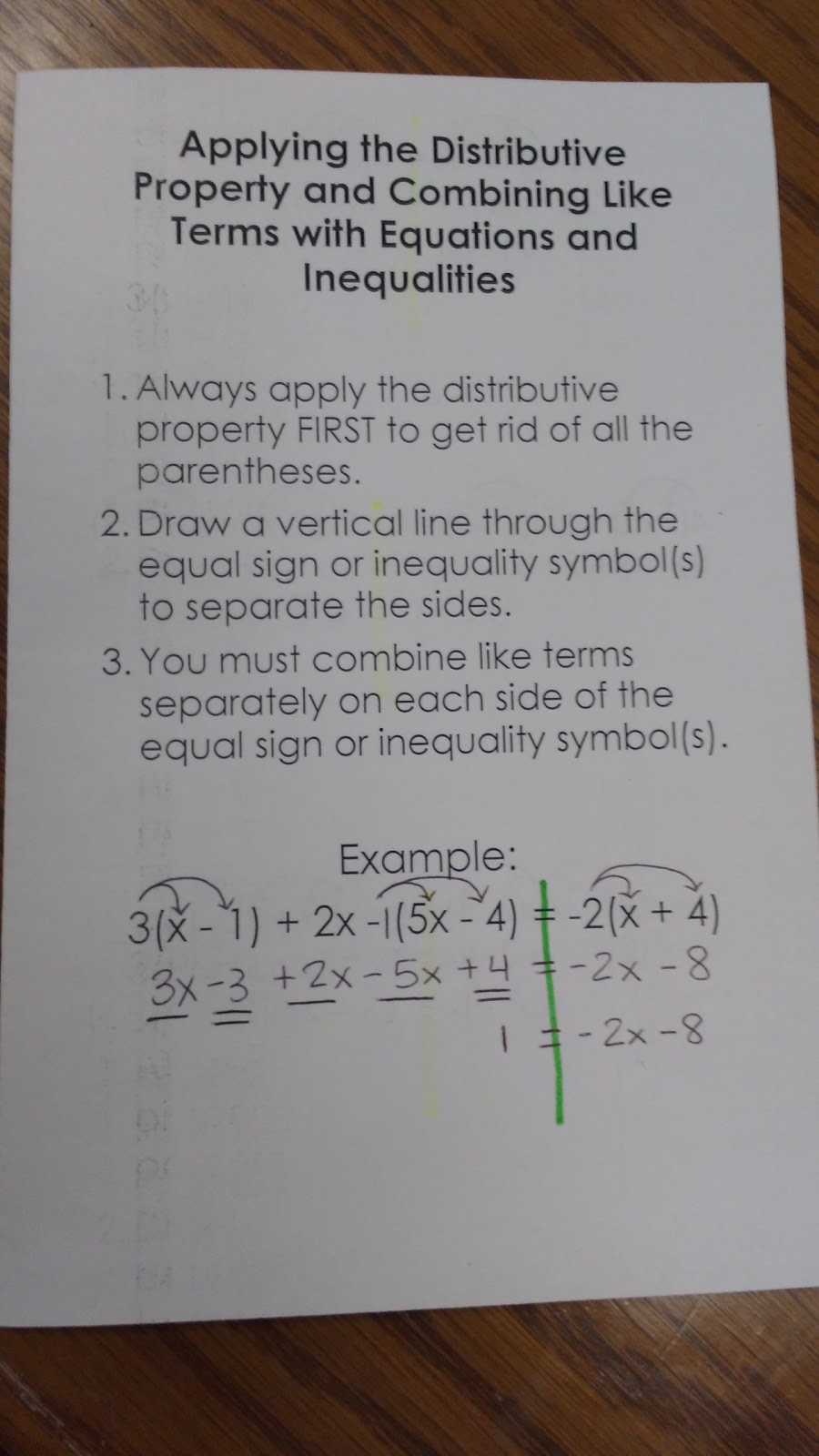 Distributive Property Foldable with Example of Line Drawn Through Equal Sign