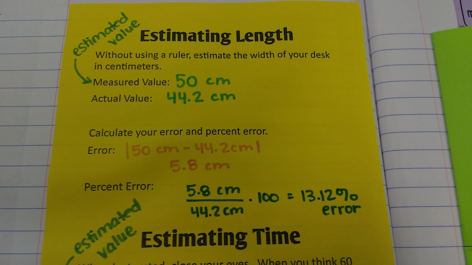 estimating length mini lab for calculating error and percent error. 