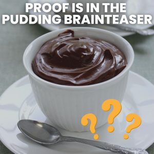 photograph of chocolate pudding in white ramekin with words above "proof is in the pudding brainteaser"