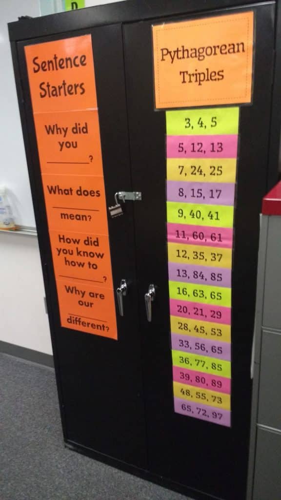 pythagorean triples posters hanging on cabinet door. 