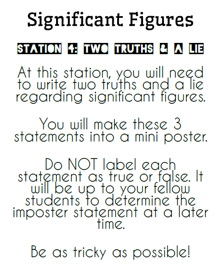 instructions for two truths and a lie significant figures station. 